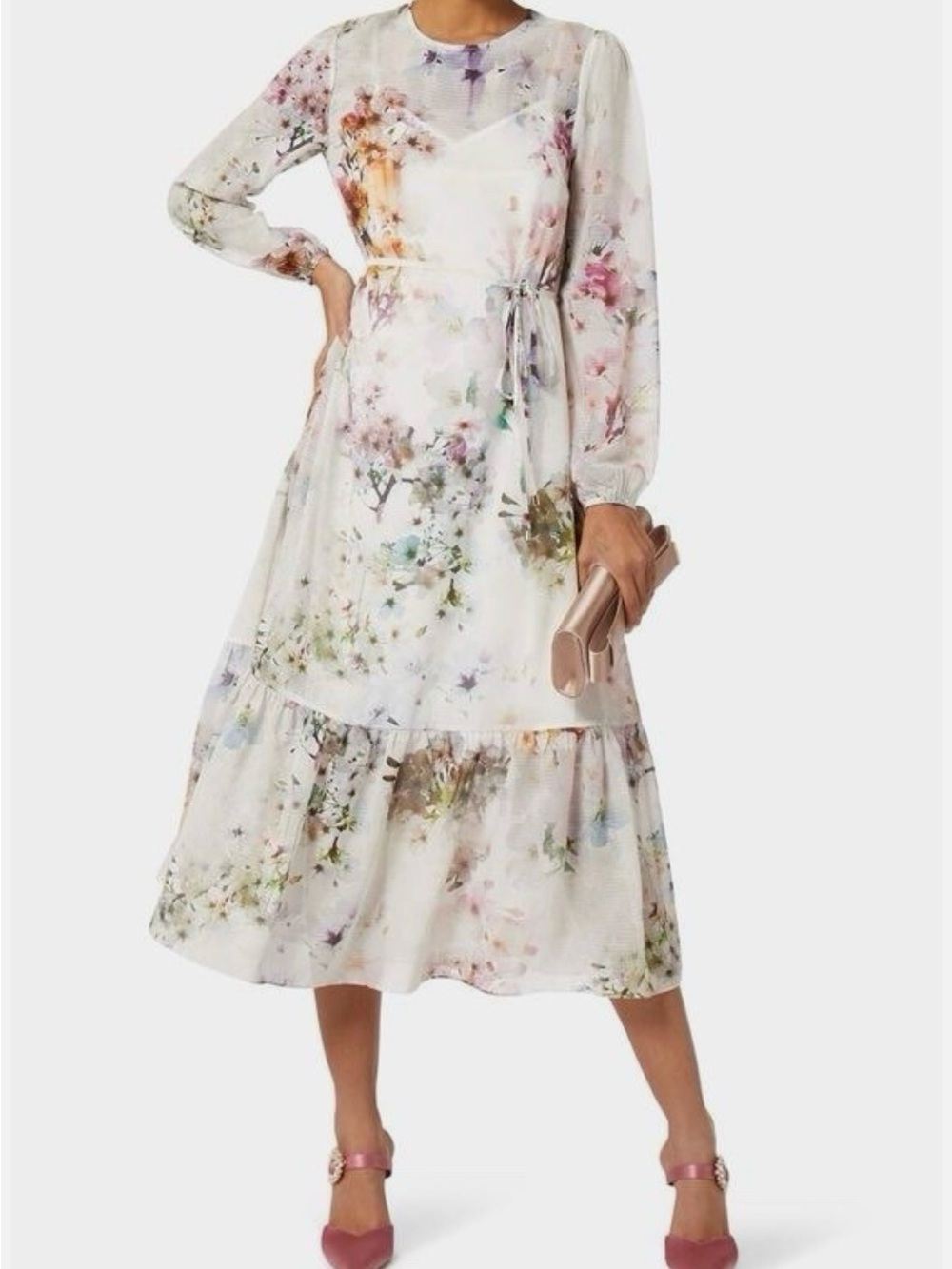 Ted Baker Cream Floral Tie-Waist Midi Dress